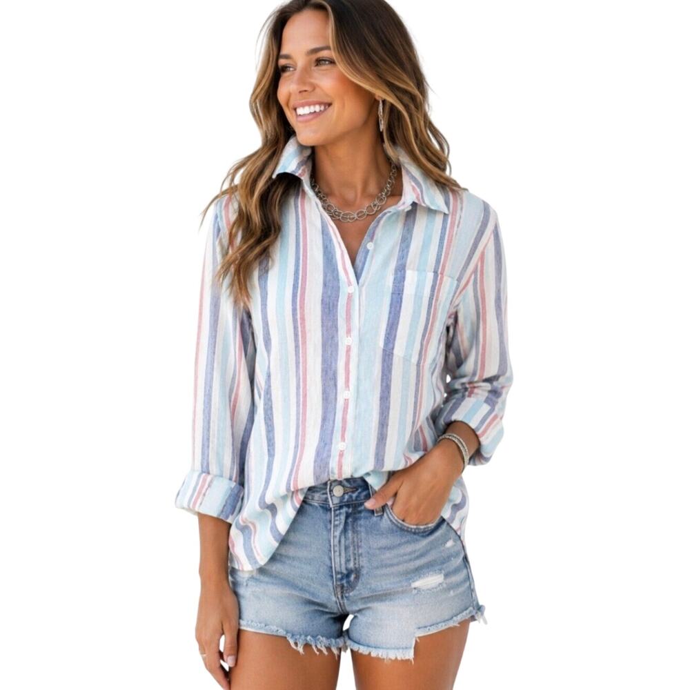 L.L. Bean 100% linen striped button down shirt, beach vibes, Size M